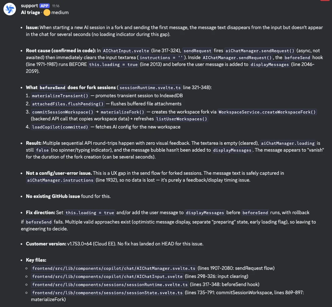 The triage the AI posts back into the thread: root cause with file-and-line references, a check for existing issues, and the customer's version