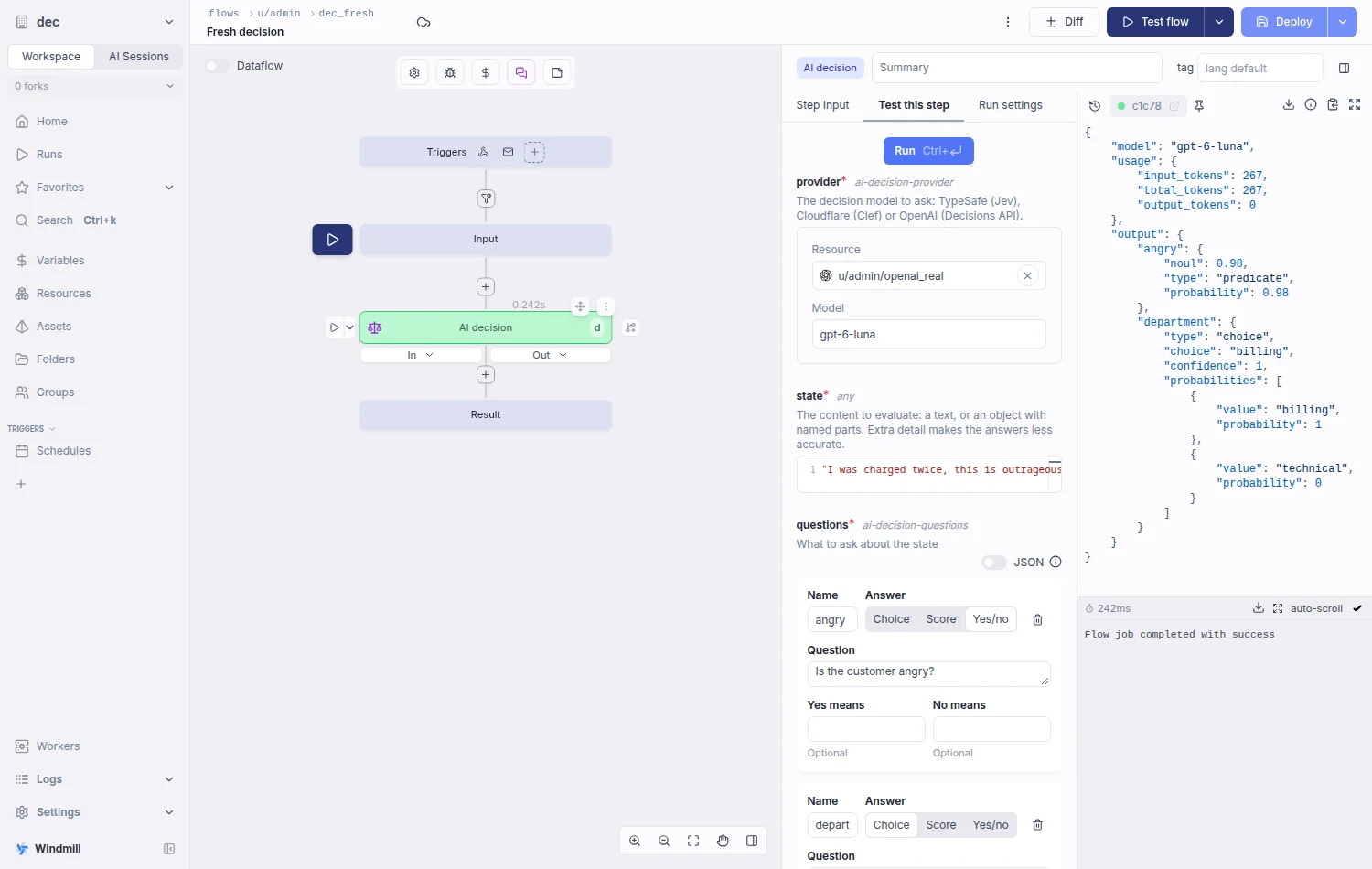 An AI decision step tested on OpenAI, with the answers in the result panel