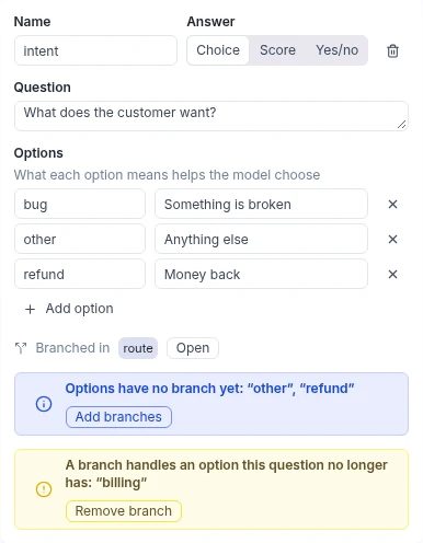 A choice question's card, linked to the Branch to one that routes it