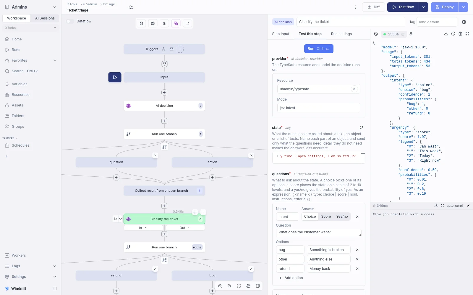 AI decision step in the flow editor, with its provider, state and questions, and a test result
