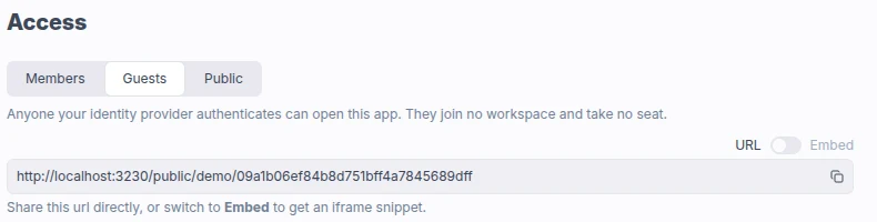 Members, Guests and Public in the app editor's Deploy menu App access modes