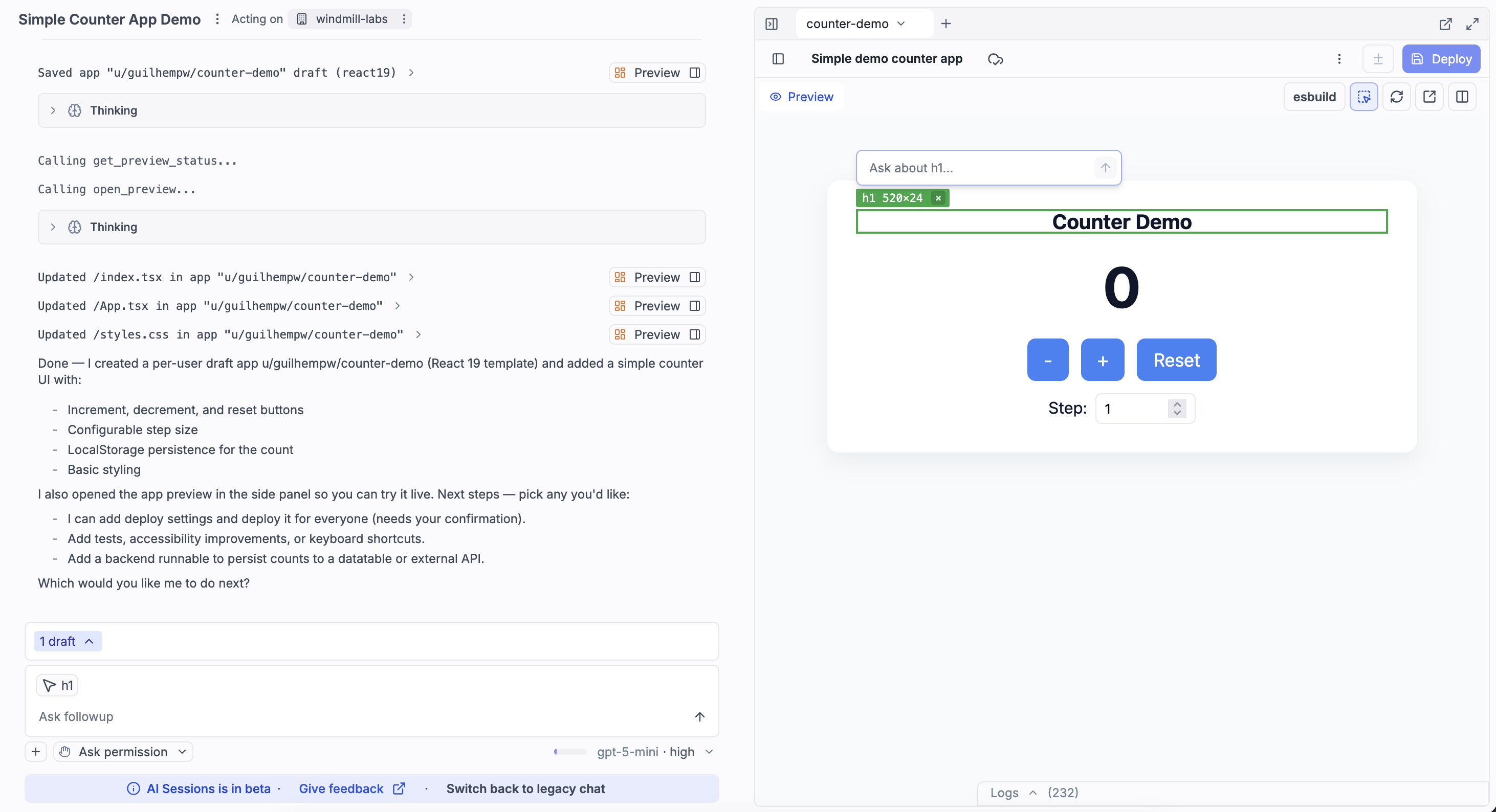 An AI session with a full-code app preview open, an element selected via the inspector with its highlight in the preview and the matching selector chip in the chat input