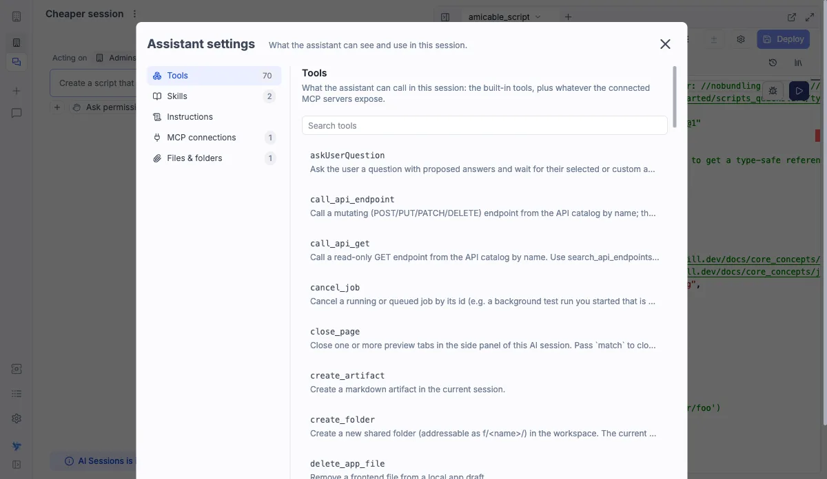 Assistant settings modal The assistant settings modal open on Tools, with its five sections listed on the left
