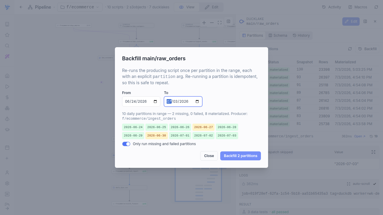 Backfill range picker with partition-status preview Backfill range picker previewing missing, failed and materialized partitions