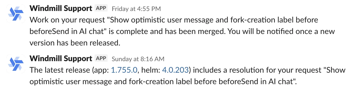 The customer's Slack, pinged automatically as their fix merges and then ships in a release
