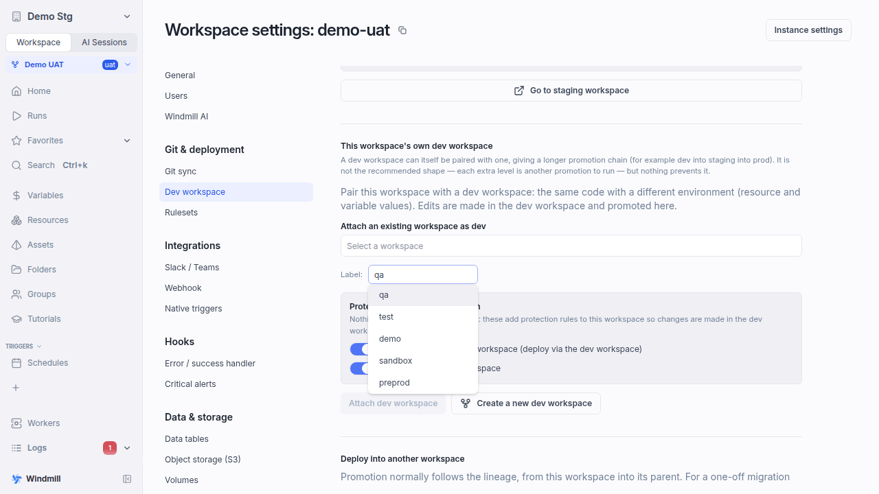 Attaching a dev workspace to a workspace that is itself a dev workspace, with the label picker offering only the labels still free in the chain Environment label picker in a chain
