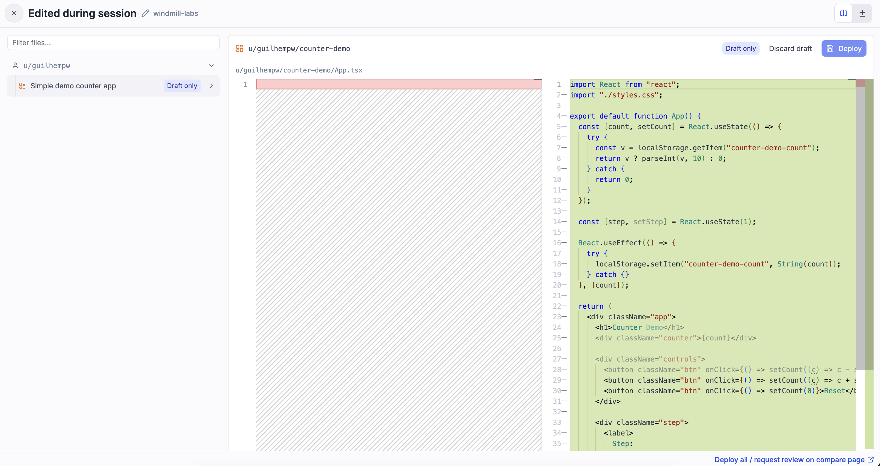 The diff drawer with a file tree and a unified diff, with Discard draft and Deploy actions