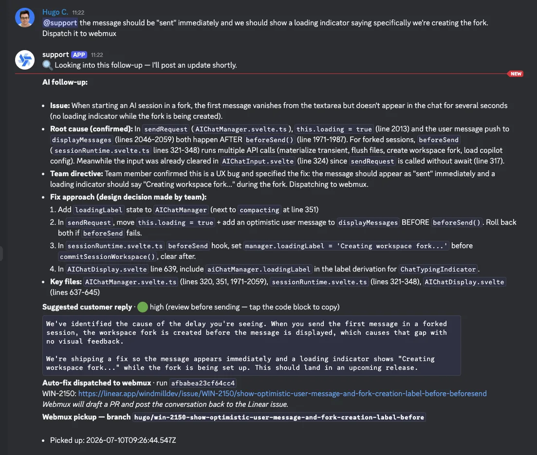 A teammate tells it to dispatch from the thread; the AI re-analyzes, drafts the fix, and hands it to webmux