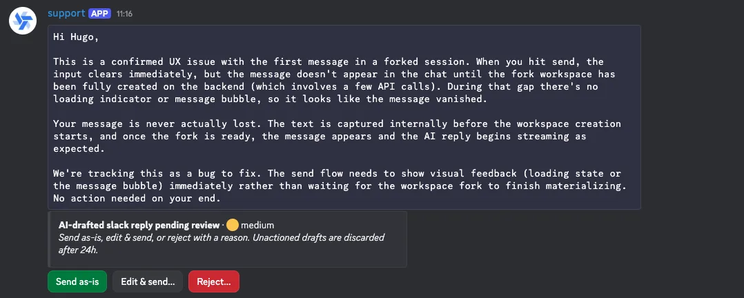 The drafted reply in the thread, with the controls to send it as-is or edit it first
