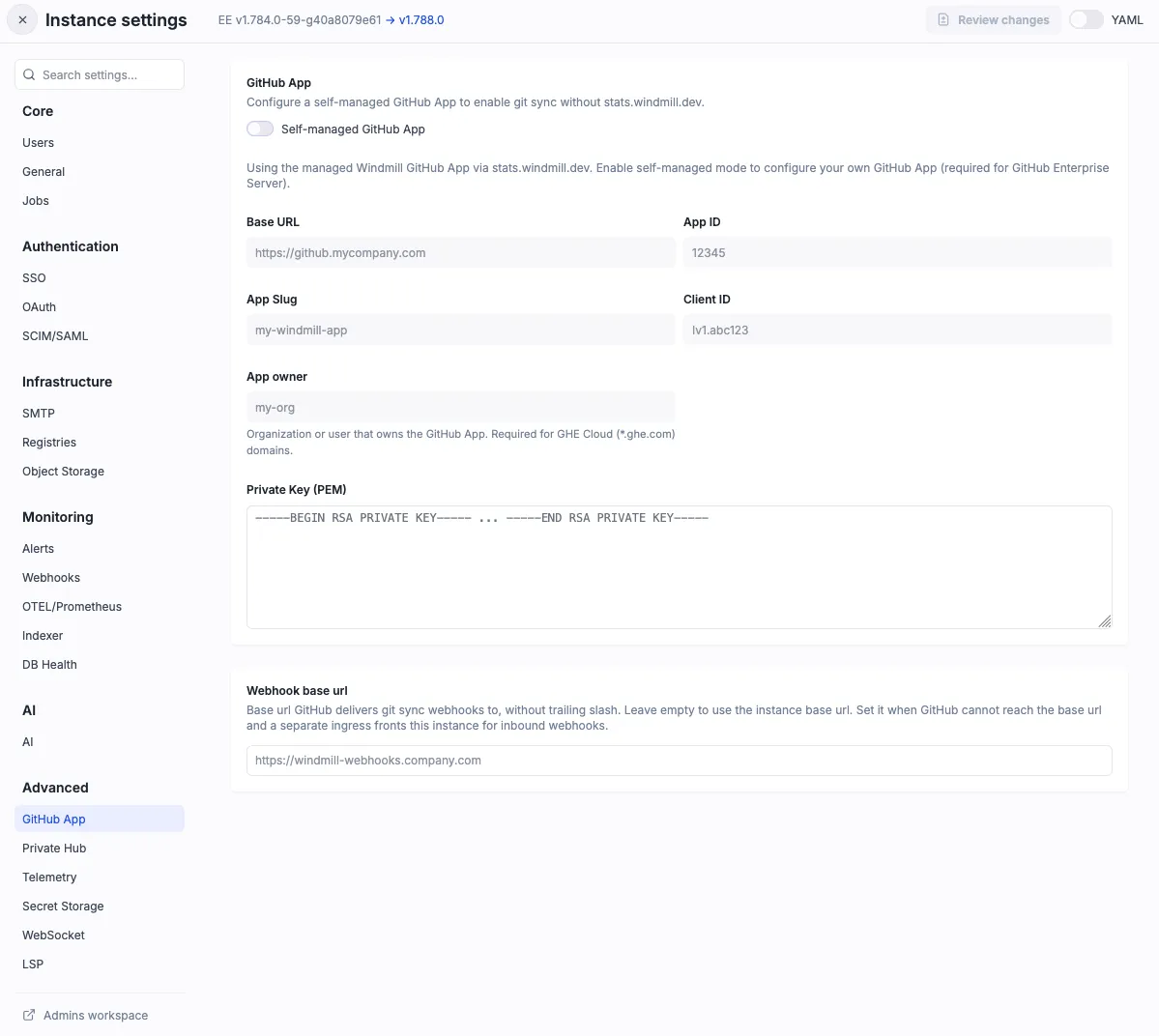 Self-managed GitHub App settings