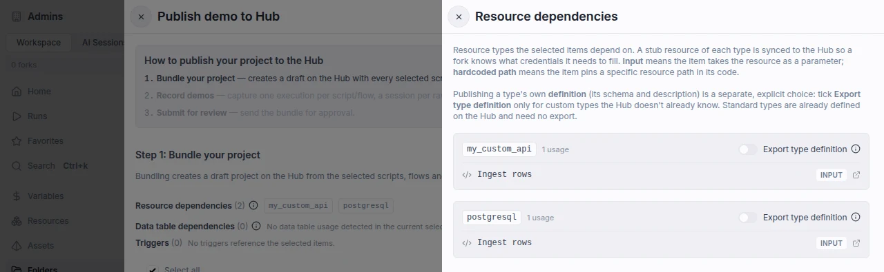 Export type definition toggle in the Resource dependencies drawer Resource dependencies drawer