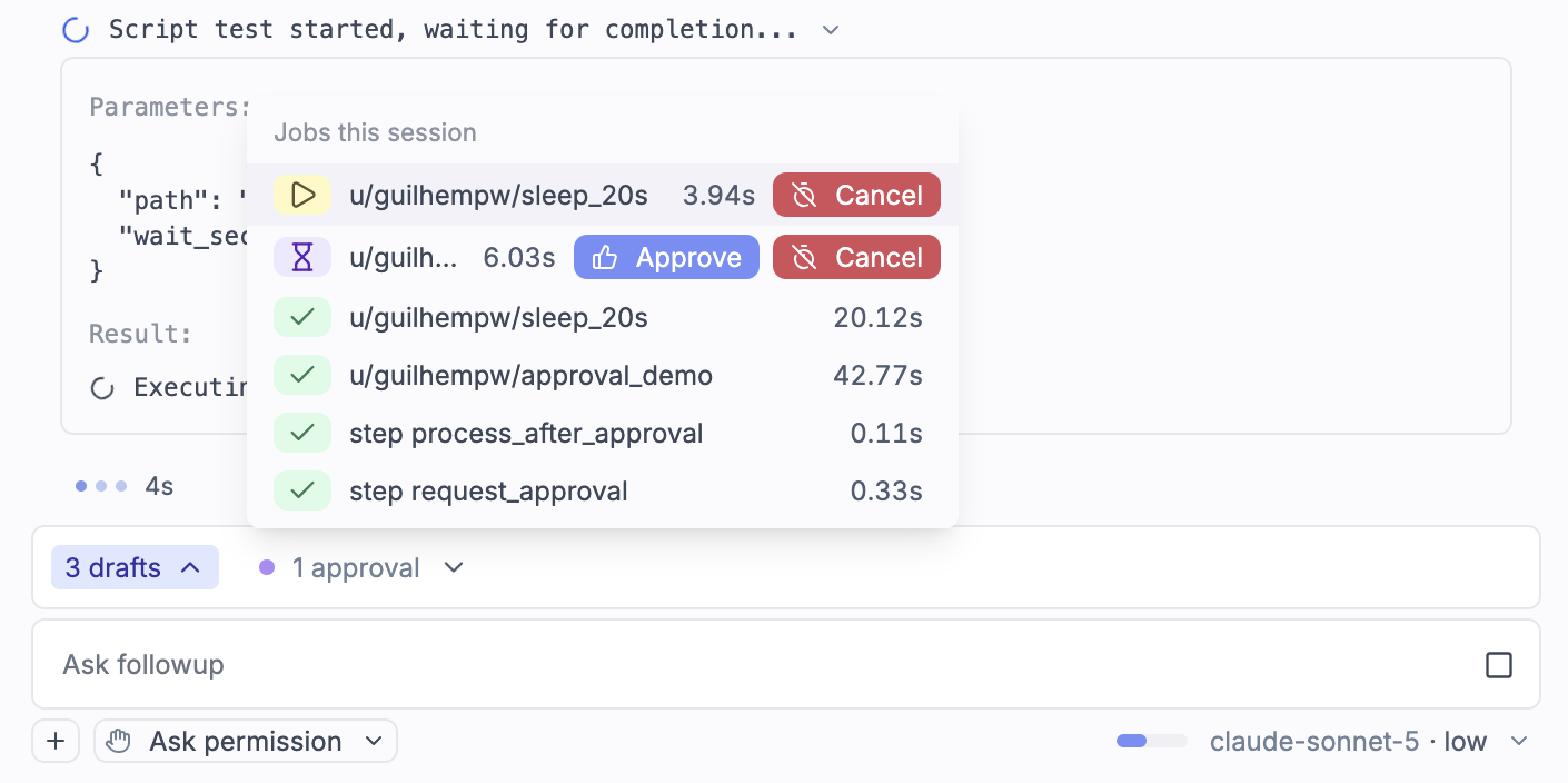The jobs tray popover with a running job, a job waiting for approval and completed jobs