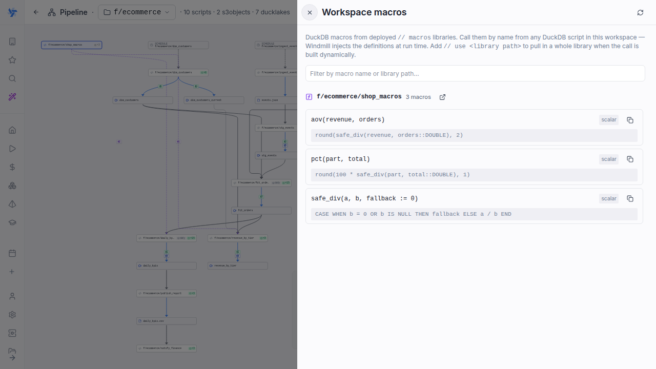 The workspace macros explorer drawer The workspace macros explorer drawer
