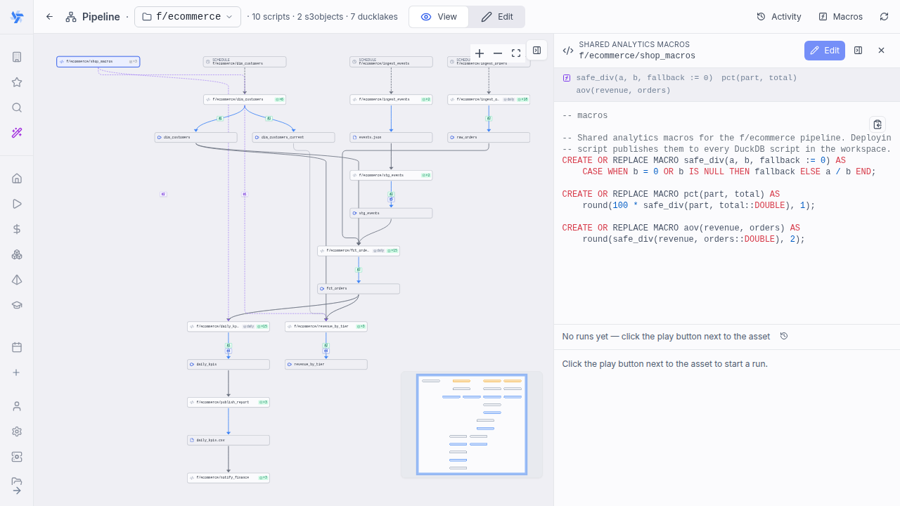 A macro library selected in the pipeline graph A macro library node in the pipeline graph with its signature strip and consumer edges