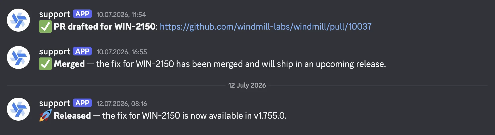 The team thread as the fix lands: the PR link when webmux drafts it, the merge notice a few hours later, then the release