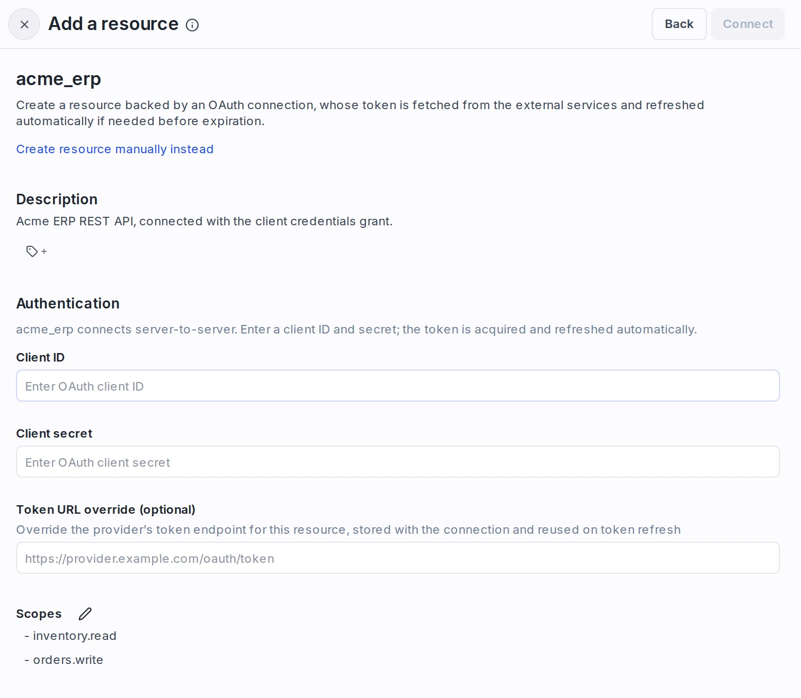 Bring-your-own client credentials form Bring-your-own client credentials form