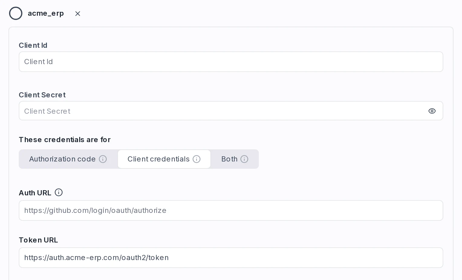 Custom OAuth entry configured for bring-your-own client credentials Custom OAuth entry configured for bring-your-own client credentials