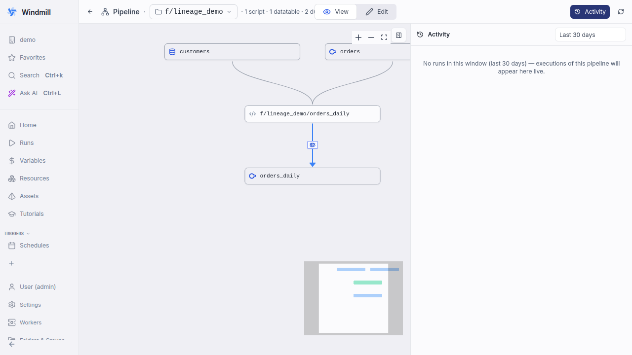 Column-lineage badge on a pipeline write edge