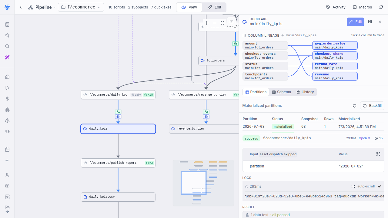 A columns badge on a write edge Column-lineage badge on a pipeline write edge