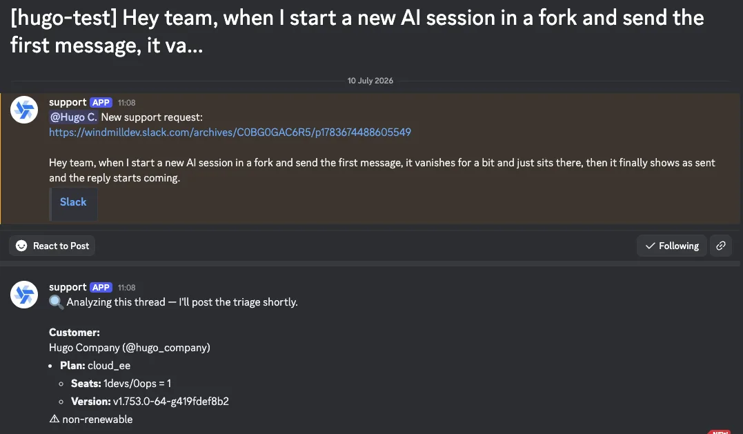 A support request landing in our Discord queue, with the customer dossier the bot attaches before it starts analyzing