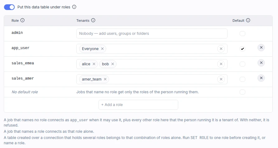 Roles drawer with a default role and two regional roles Roles drawer with a default role and two regional roles