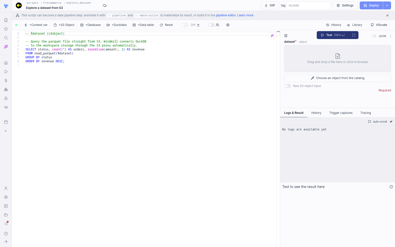 A DuckDB script with an s3object input Windmill code editor