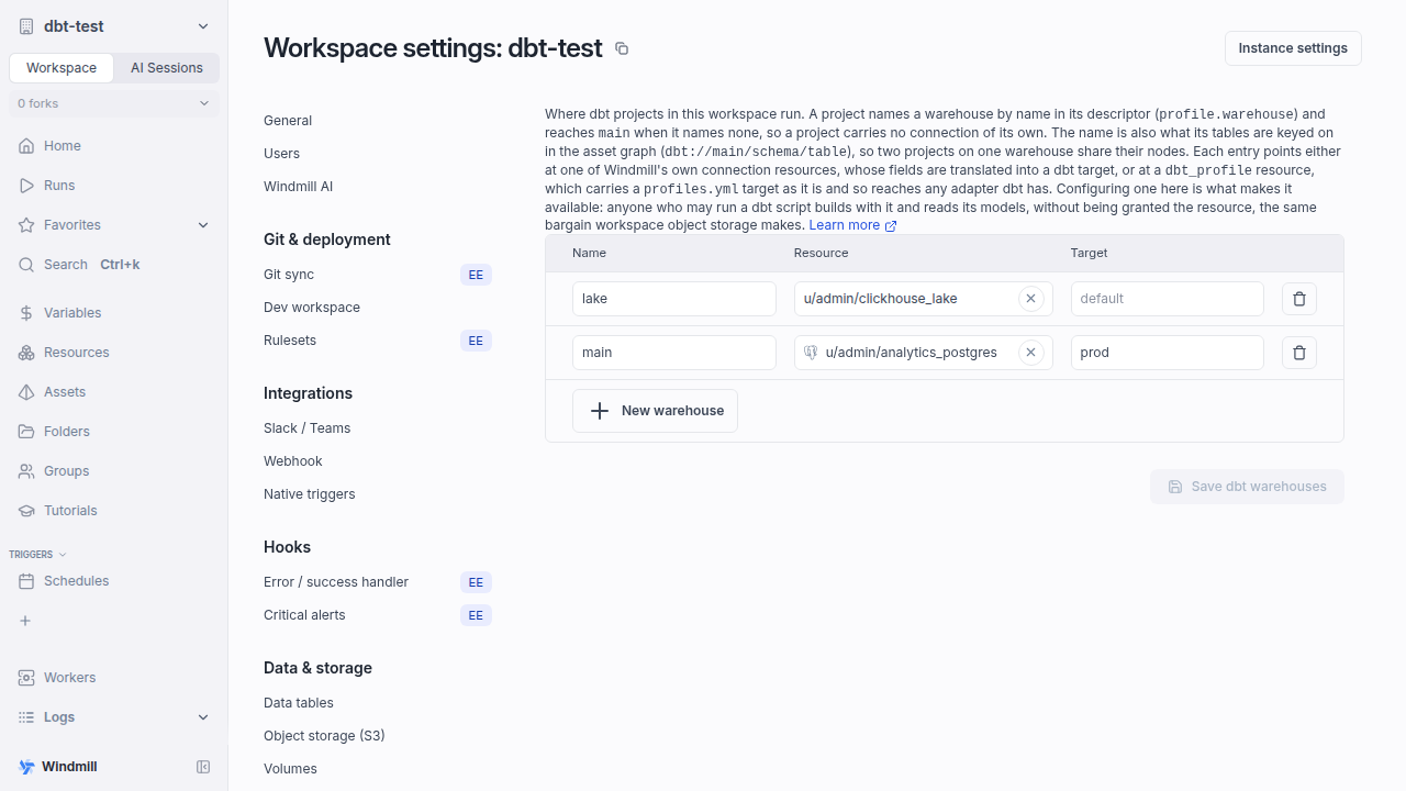 Warehouses configured under Workspace settings -> dbt Workspace settings, dbt tab: a warehouses table with Name, Resource and Target columns - main on a Postgres resource with target prod, and lake on a dbt_profile resource