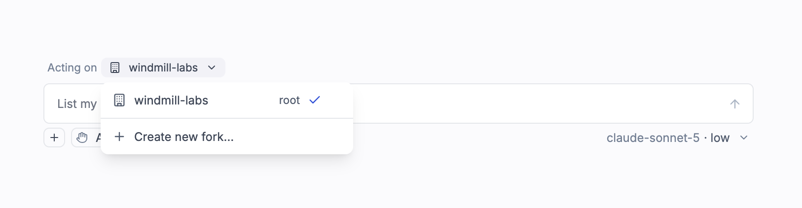 The "Acting on" picker on a draft session, with the current workspace and the "Create new fork" option