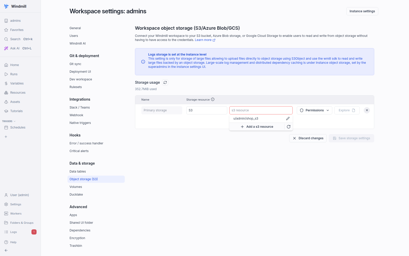 S3 workspace settings S3 workspace settings