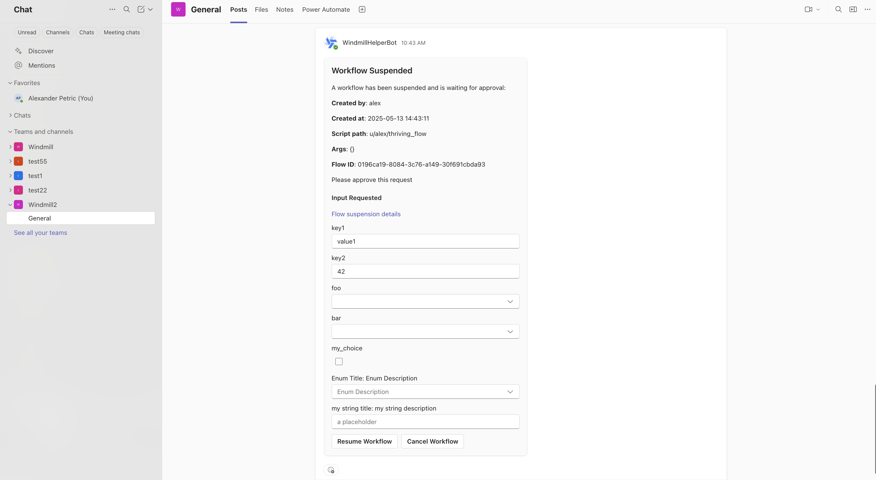 Microsoft Teams interactive approval card from a Windmill flow